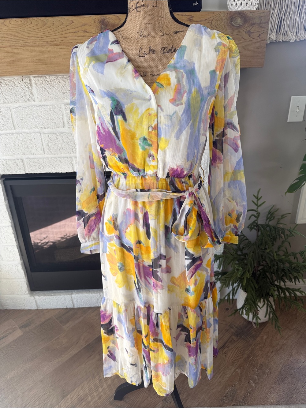 DKNY White Floral Watercolor V-Neck Tiered Midi Dress